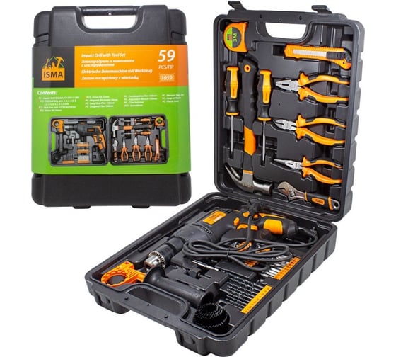 Изображение товара Набор инструментов с электрической дрелью ISMA 59 предметов, (220v,750w,0-2900об/мин),в кейсе ISMA-1059(50734)