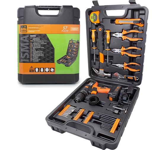 Изображение товара Набор инструментов с аккумуляторным шуруповертом ISMA 57 предметов, (16v, 1.3ah) ISMA-1057(50646)