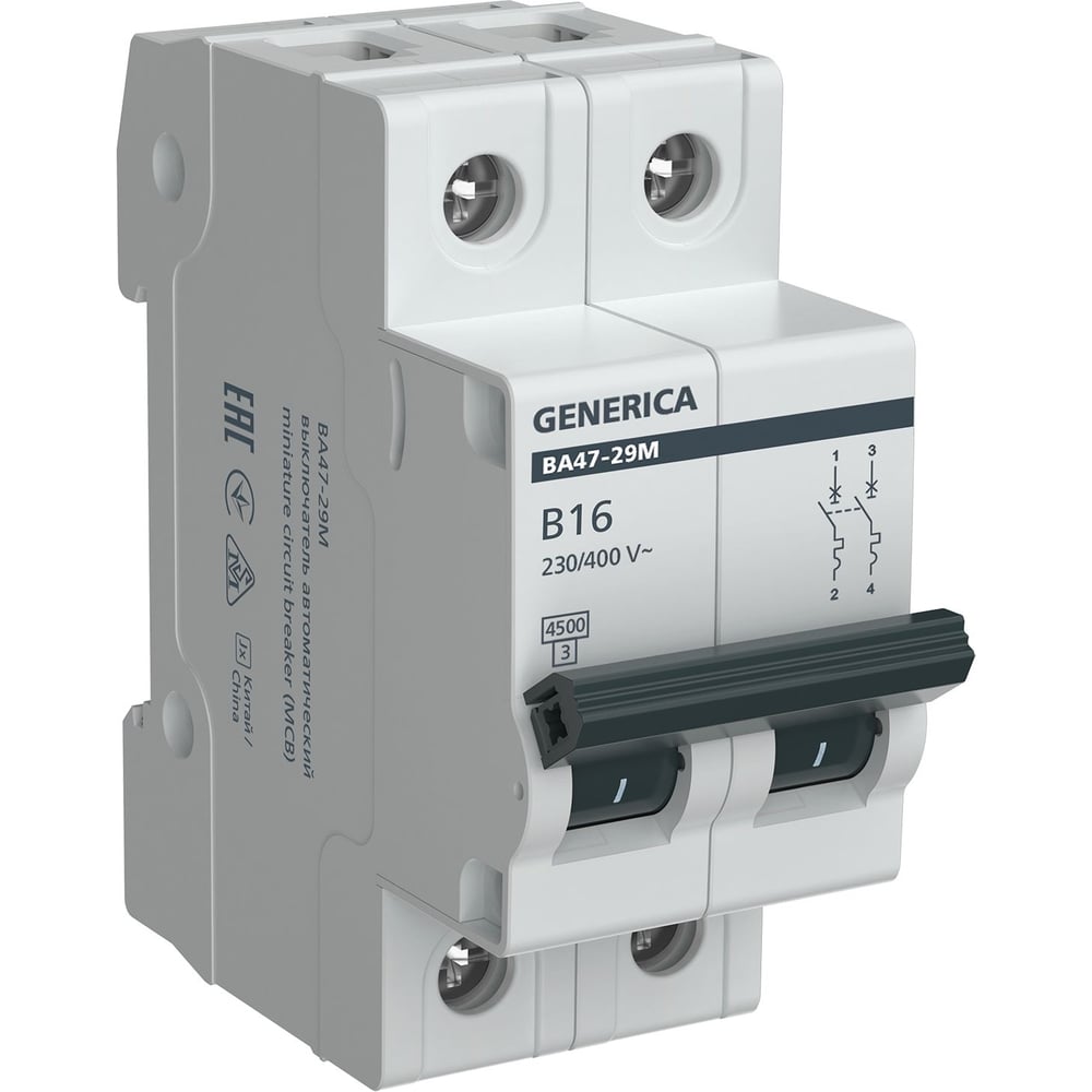 Изображение товара Автоматический выключатель GENERICA ва47-29м 2p 16а 4,5ка IP20 для DIN-рейки
