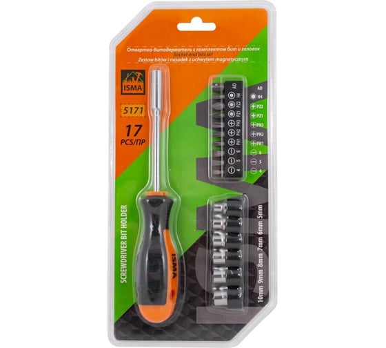 Изображение товара Отвертка-битодержатель с комплектом бит и головок ISMA 17 предметов, в блистере ISMA-5171(51203)
