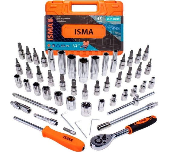 Изображение товара Набор инструмента ISMA 1/4'', 6-гран., 4-14 мм, головки глубокие 6-14 мм, 53 предмета -2531-5EURO(51108) ISMA-2531-5 EURO(51108)