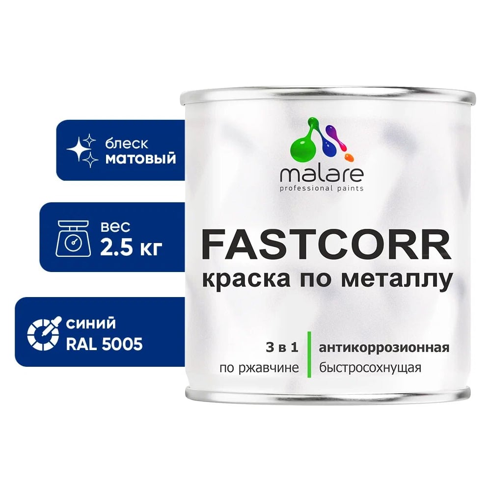 Изображение товара Краска по металлу MALARE FastCorr антикоррозийная быстросохнущая 2,5 кг синий