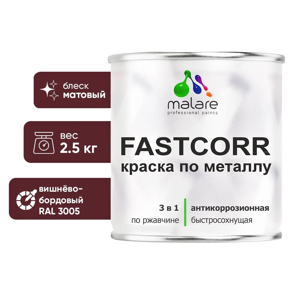 Изображение товара Краска по металлу MALARE FastCorr для ржавчины антикоррозийная быстросохнущая RAL 3005 2.5 кг