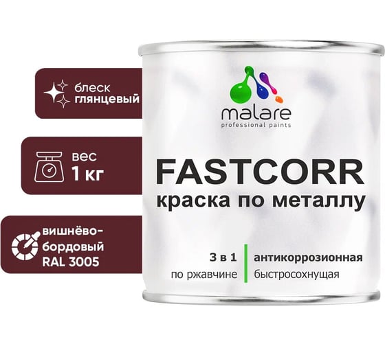 Изображение товара Краска по металлу MALARE FastCorr по ржавчине, антикоррозийная, быстросохнущая, RAL 3005, вишнево-бордовый, глянцевая, 1 кг 2038267820138