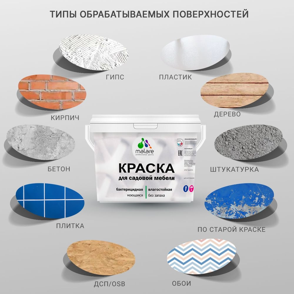 Изображение товара Акриловая краска MALARE для садовой мебели, по дереву, для наружных и внутренних работ, моющаяся без запаха матовая, перо павлина, 2 кг. КСДМБАПЕПМ0200