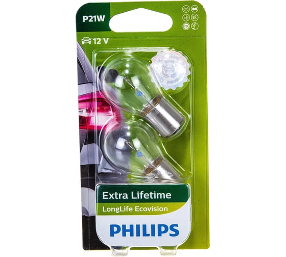 Изображение товара Автолампа PHILIPS P21W BA15s LONG LIFE ECO VISION, 2шт 12V ,1,10 12498LLECOB2