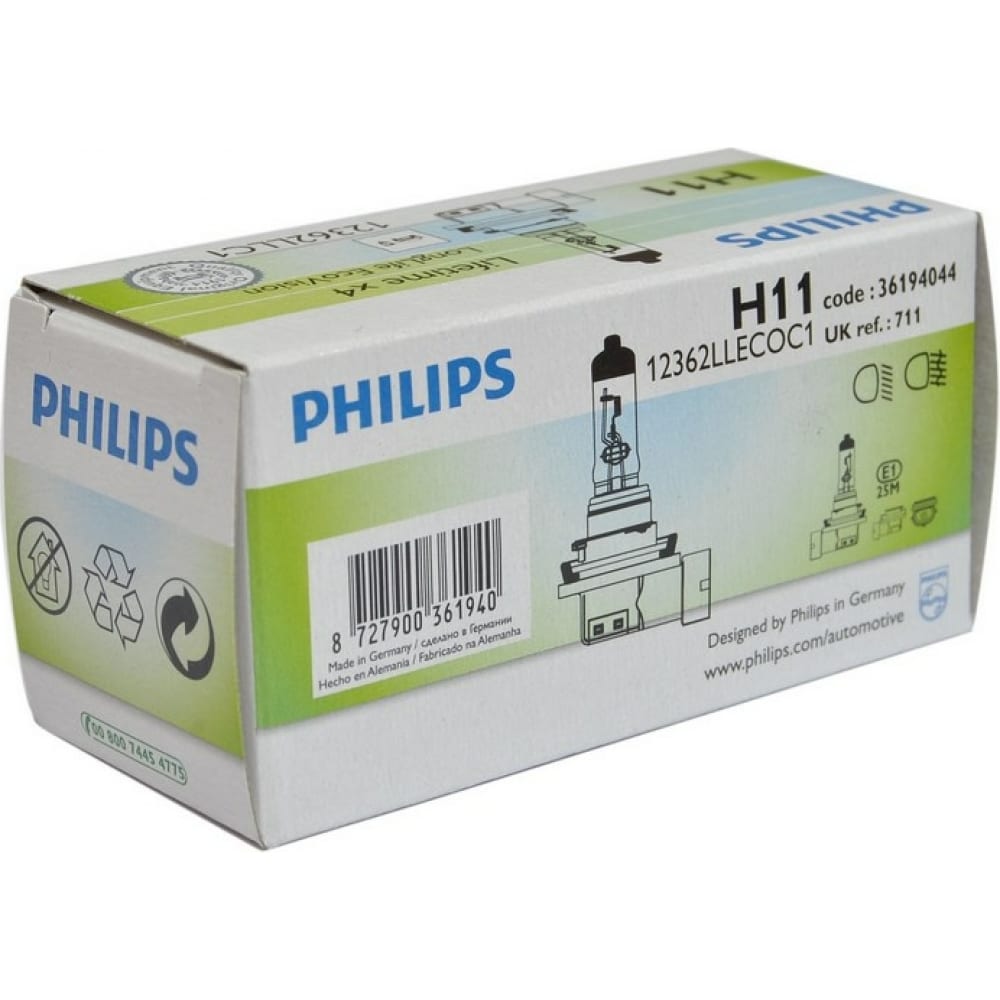 фото Автолампа philips h11 55 pgj19-2 long life eco vision 12v,1,50 12362llecoc1