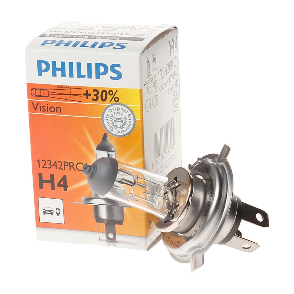 фото Автолампа philips h4 60,55 p43t-38+30% 12v ,10,100 hit 12342prc1