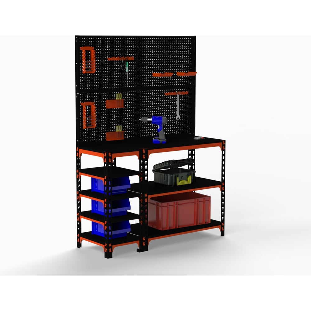 Изображение товара Стол-верстак ООО Металекс 950x1800x600 оранжево-чёрный с полками