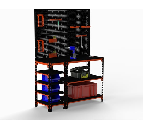 Изображение товара Стол-верстак ООО Металекс 950x1500x500 с бок. полками, двумя перфопанелями и комп. аксессуаров оранжево-чёрный 111042