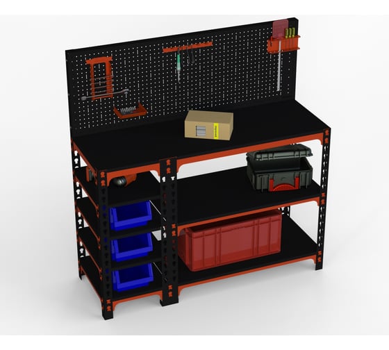 Изображение товара Стол-верстак ООО Металекс 950x1800x500 с бок. полками, перфопанелью и комп. аксессуаров оранжево-чёрный 111018