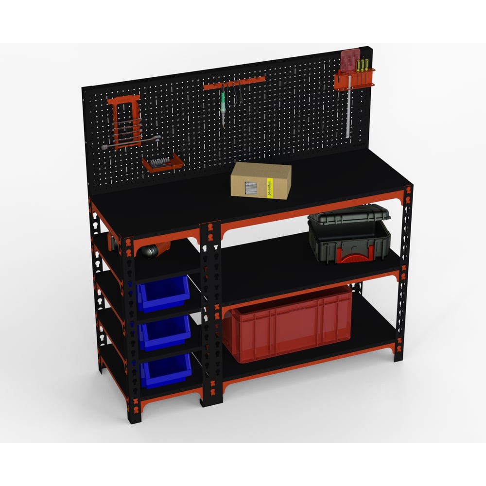 Изображение товара Стол-верстак ООО Металекс 950x1800x400 с бок. полками и перфопанелью оранжево-чёрный