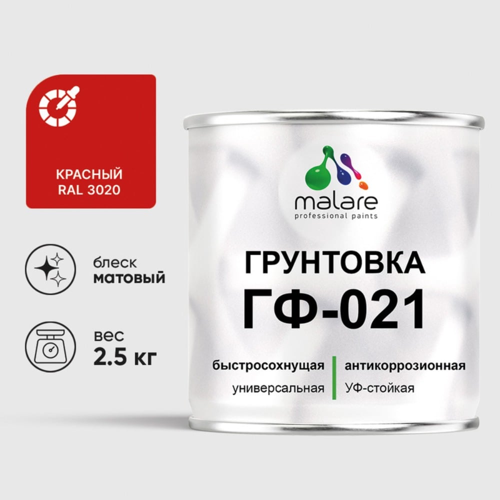 Изображение товара Грунтовка MALARE ГФ-021 для металла дерева и минеральных поверхностей 2,5 кг