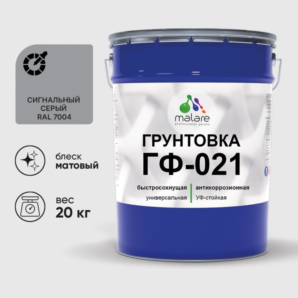 Изображение товара Грунтовка MALARE ГФ-021 для металла дерева и бетона 20 кг сигнальный серый матовая