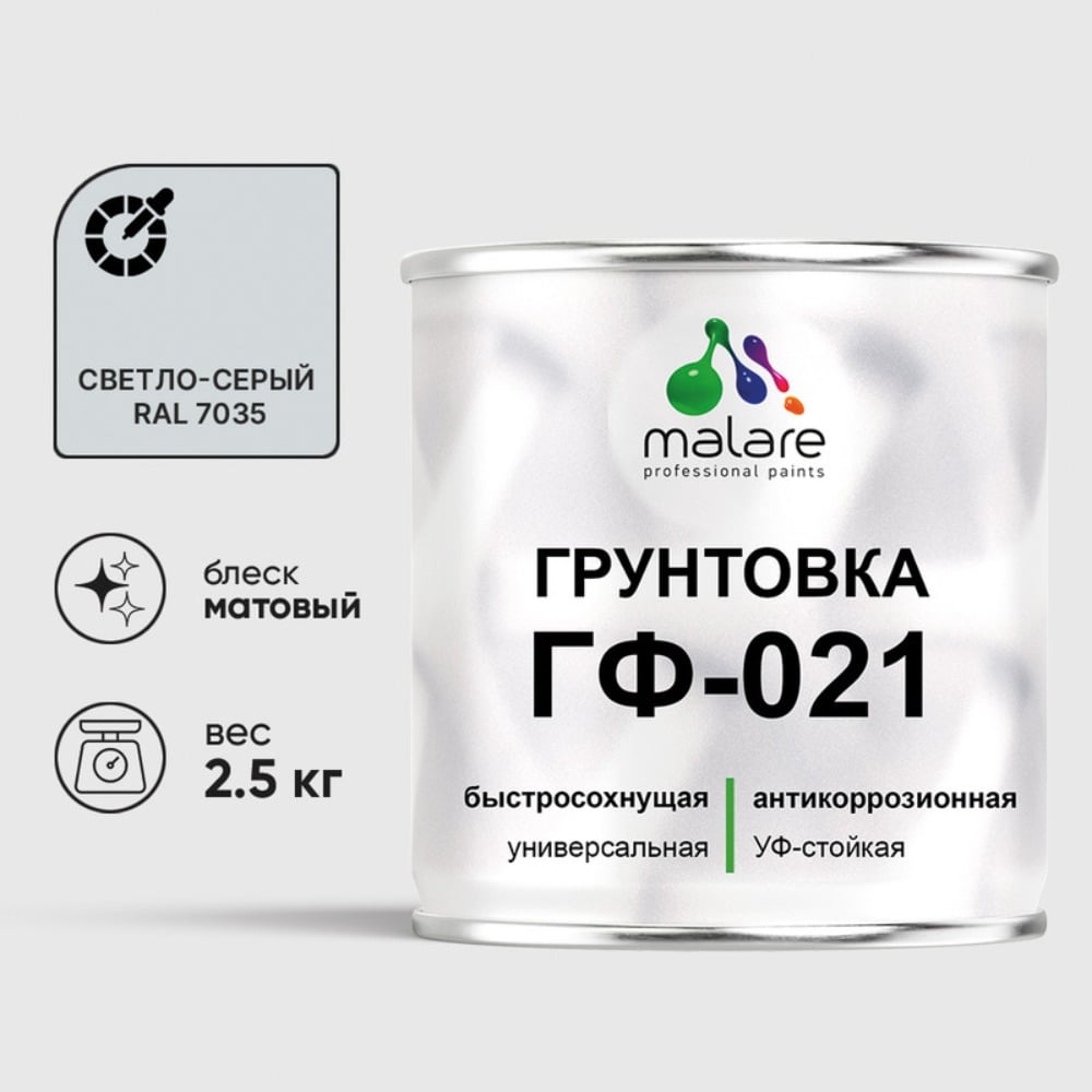 Изображение товара Грунтовка MALARE ГФ-021 для металла, дерева и бетонных поверхностей, светло-серая, 2,5 кг