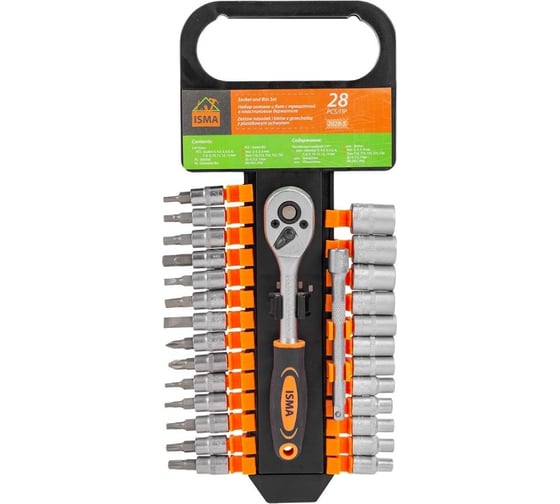 Изображение товара Набор головок и бит с трещоткой 28пр. 1/4''(4-13мм, torx:t10,15,20,25,30, hex:3-6мм,sl:4,5.5,7мм, ph1,2), в пластиковом держателе ISMA-2028-5(51099)