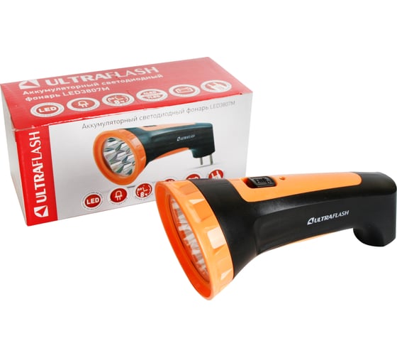 Изображение товара Аккумулятор фонарь Ultraflash LED3807M 220В, черный/желтый, 7 LED, 2 режима, SLA, пластик, коробка 12868
