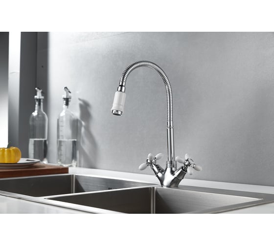 Изображение товара Смеситель для кухни Rainsberg с гибким изливом, двухвентильный, высота 260 мм, подвод воды гибкий R6013F-8