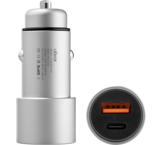 Изображение товара Автомобильное зарядное устройство uBear USB-C PD и USB A QC 30, цвет серый CC05GR20-AC