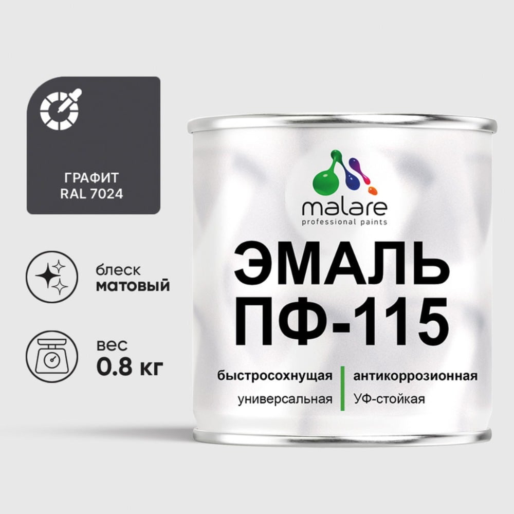 Изображение товара Эмаль MALARE ПФ-115 для металла дерева и минеральных поверхностей 0,8 кг RAL 7024