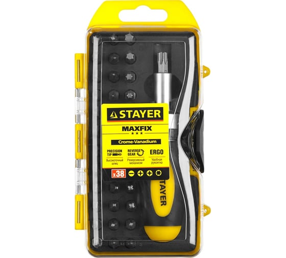 Изображение товара Реверсивная отвертка в наборе с битами STAYER 2557-H38, Cr-V сталь, 38 предметов 2557-H38