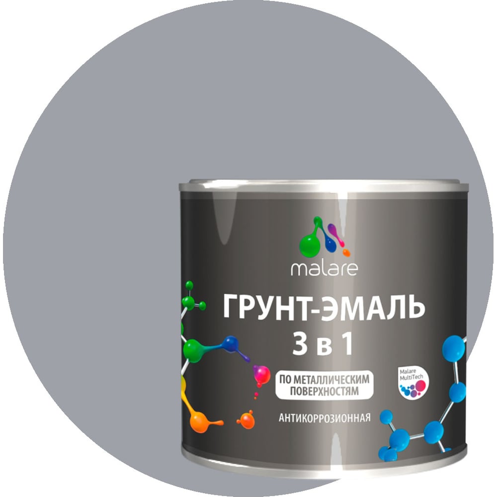 Изображение товара Грунт-эмаль MALARE 3 в 1 по ржавчине сигнальный серый 1 кг глянцевая акриловая