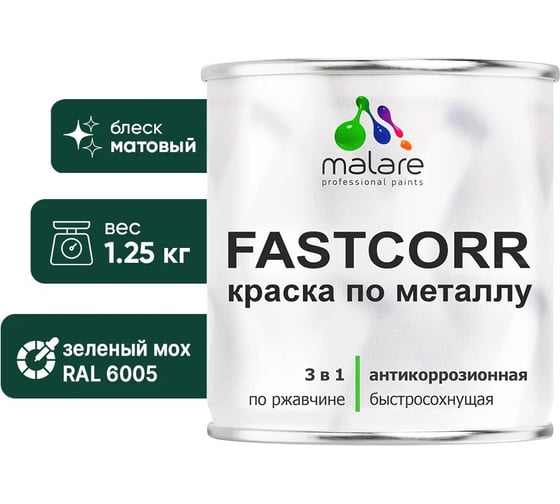 Изображение товара Краска по металлу MALARE FastCorr, краска по ржавчине, антикоррозийная, быстросохнущая, RAL 6005, зелёный мох, матовая, 1,25 кг КФСТ6005М0125
