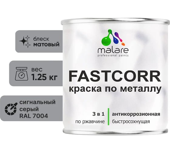Изображение товара Краска по металлу MALARE FastCorr, краска по ржавчине, антикоррозийная, быстросохнущая, RAL 7004, сигнальный серый, матовая, 1,25 кг 2037892762462