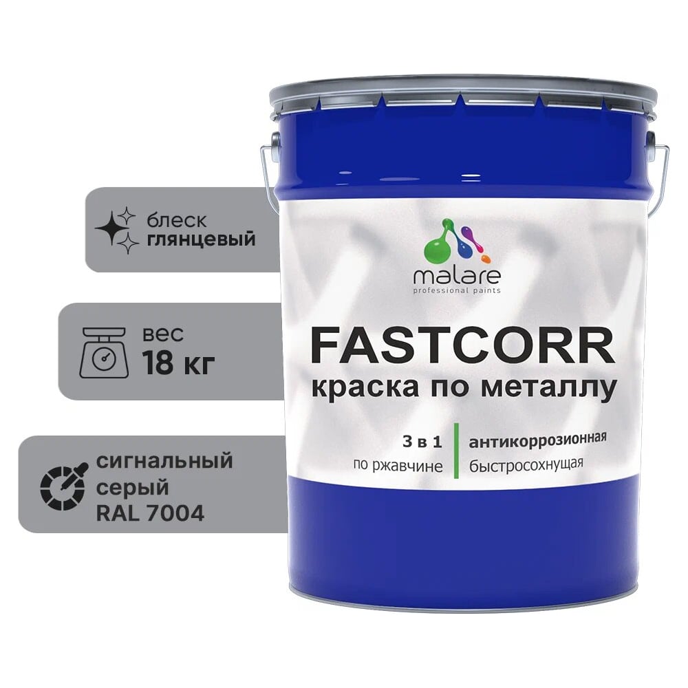 Изображение товара Краска по металлу MALARE FastCorr сигнальный серый RAL 7004 18 кг быстросохнущая антикоррозийная