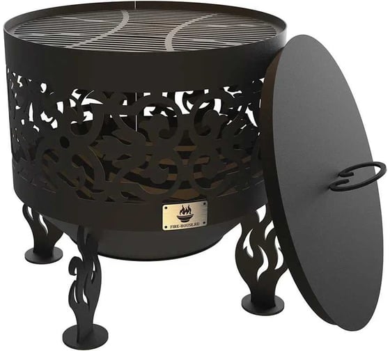 Изображение товара Комплект: костровая чаша ажурная диаметр 50 см конусное дно с решеткой гриль и крышкой пламегасителем FIRE-HOUSE Ch9-500ажурная