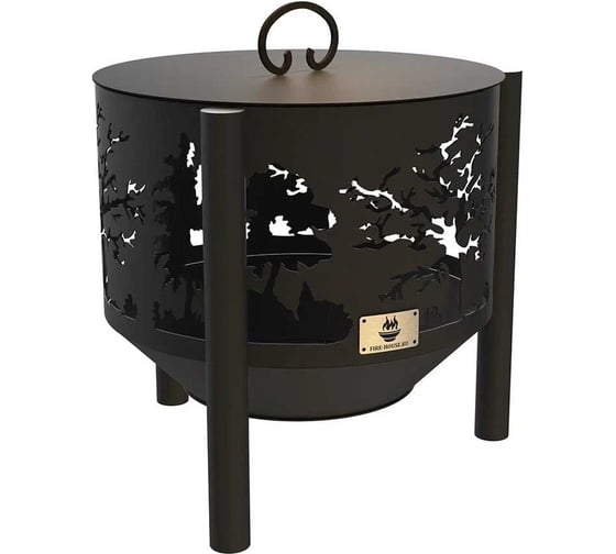 Изображение товара Комплект: костровая чаша деревья, диаметр 60 см на трубчатых ножках с крышкой пламегасителем FIRE-HOUSE Ch14-600деревья