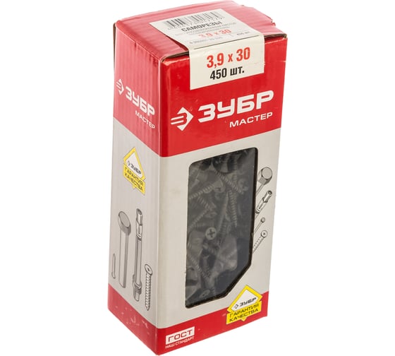 Изображение товара Саморезы с двухзаходной резьбой Зубр по ГВЛ, ДСП, фосфатированные, PH2, 3,9x30мм, ТФ1, 450шт 4-300051-39-030