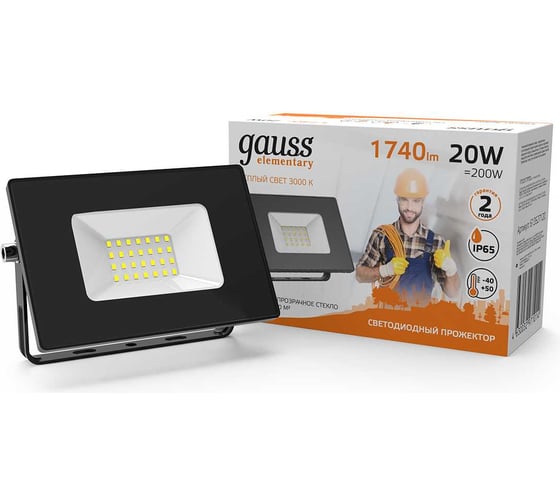 Изображение товара Светодиодный прожектор Gauss Elementary 20W 1790lm IP65 3000К черный 613527120