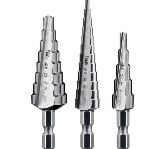 Изображение товара Набор ступенчатых сверл по сталям и цветным металлам (3 шт; 3-20 мм; Р6М5) ЗУБР 29670-3-20-H3_z01