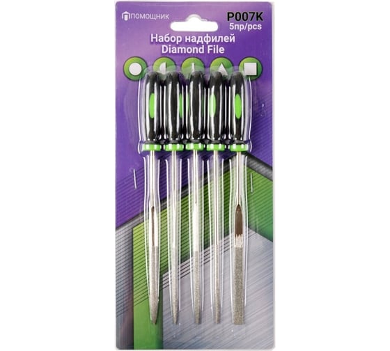 Изображение товара Набор надфилей Помощник разнопрофильных, 5 пр. (3x160мм; круглый, полукруглый, плоский, треугольный), в блистере P007K(49985)