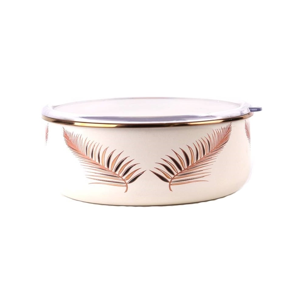 Изображение товара Эмалированная миска Катюша 16 см с крышкой из акрила, объем 0,8 л, дизайн листья