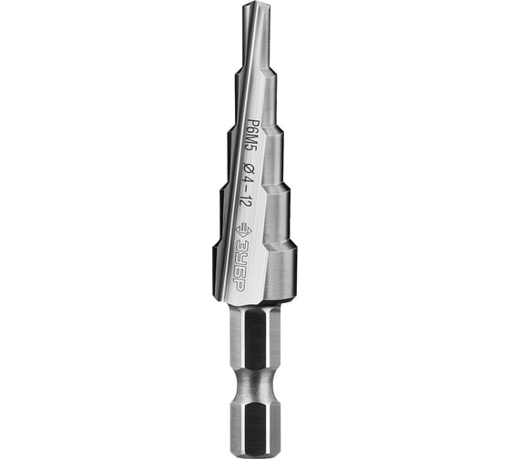 Изображение товара Ступенчатое сверло по металлу ЗУБР Профессионал 4-12 мм, 5 ступеней, сталь Р6М5 29670-4-12-5_z01