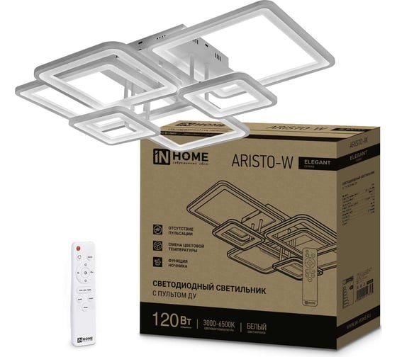 Изображение товара Светодиодный светильник IN HOME elegant aristo-w 120Вт, 230В, 3000-6500k, 8400Лм, 686x587x151мм, пульт ду, белый 4690612047317