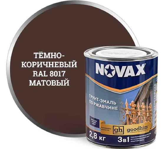 Изображение товара Грунт-эмаль Goodhim NOVAX 3в1 темно-коричневый RAL 8017, матовая, 2,8 кг 39825