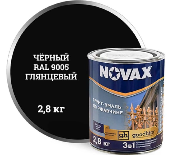 Изображение товара Грунт-эмаль Goodhim NOVAX 3в1 черный RAL 9005, глянцевая, 2,8 кг 10977
