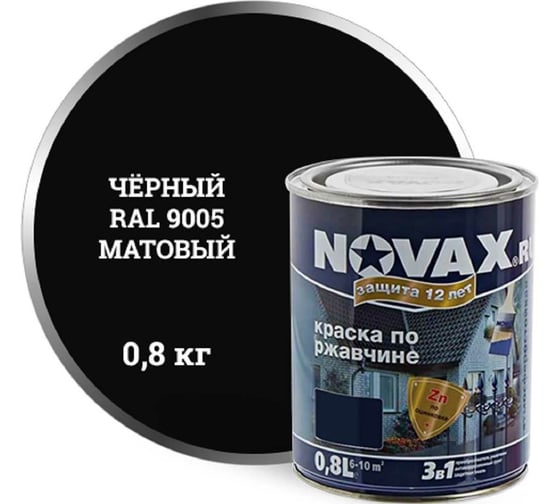 Изображение товара Грунт-эмаль Goodhim NOVAX 3в1 черный RAL 9005, матовая, 0,8 кг 39610