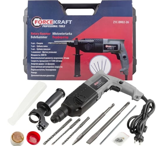 Изображение товара Электрический перфоратор Forcekraft сверла 5,7,8x140 мм; зубило плоское 20x220 мм, пика, уголь-е щетки, 220V; 50/60 Гц; 800 W; 0-1300 об/мин; 2.8 Дж, max Ø сверл,-24 мм, в кейсе FK-Z1C-DH02-26(51852)