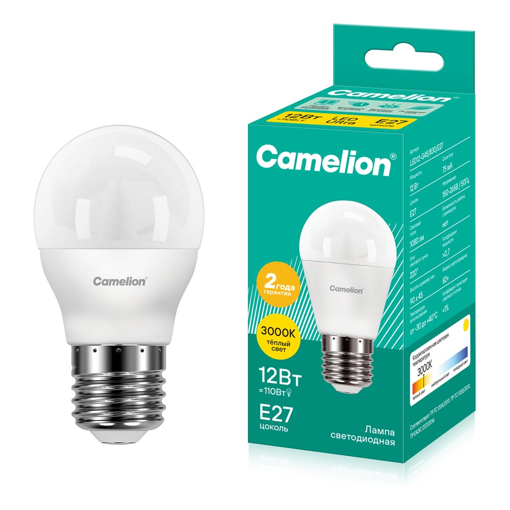 Изображение товара Светодиодная лампа Camelion LED12-G45/830/E27 12Вт 220В 13694
