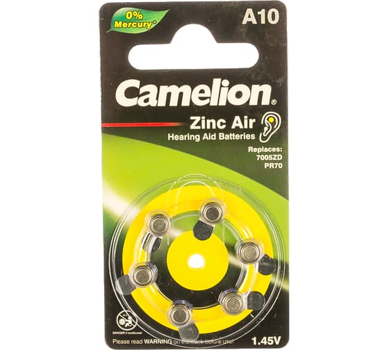 Изображение товара Батарейка для слуховых аппаратов Camelion ZA10 BL-6 Mercury Free A10-BP6 0%Hg, 1.4V, 90mAh 12823