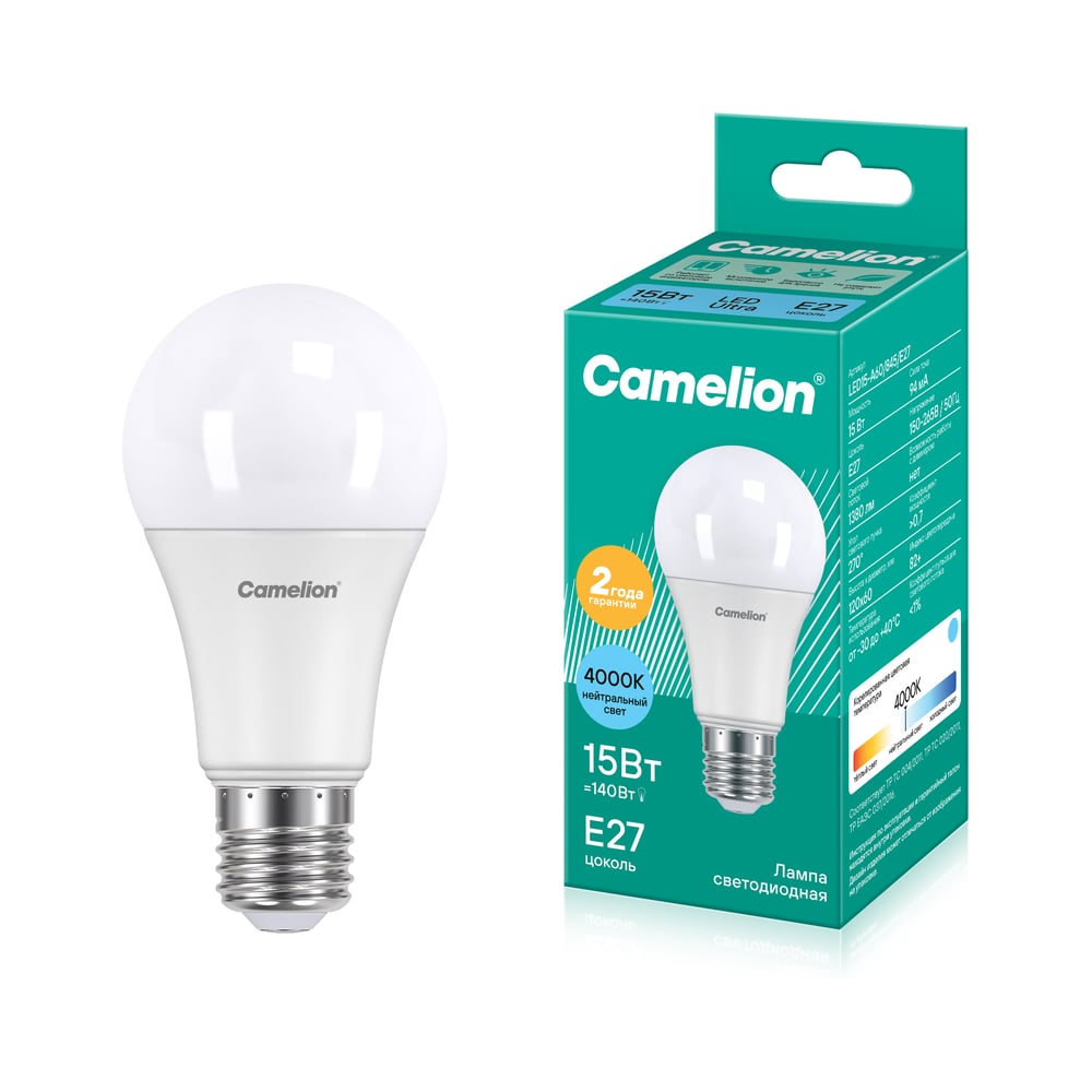 Изображение товара Светодиодная лампа Camelion LED15-A60/845/E27 15Вт 4000K Изображение товара Светодиодная лампа Camelion LED15-A60/845/E27 15Вт 4000K