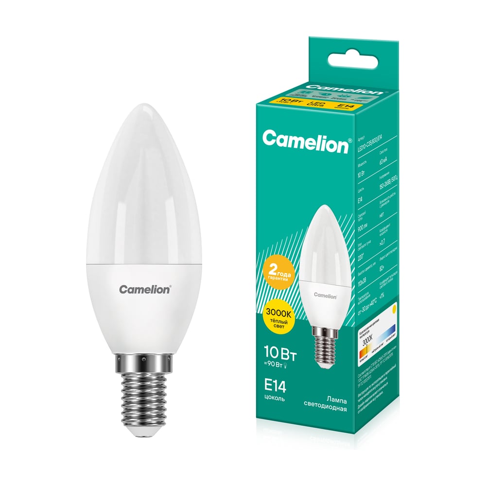 Изображение товара Светодиодная лампа Camelion LED10-C35/830/E14 10Вт 220В 13559 Изображение товара Светодиодная лампа Camelion LED10-C35/830/E14 10Вт 220В 13559