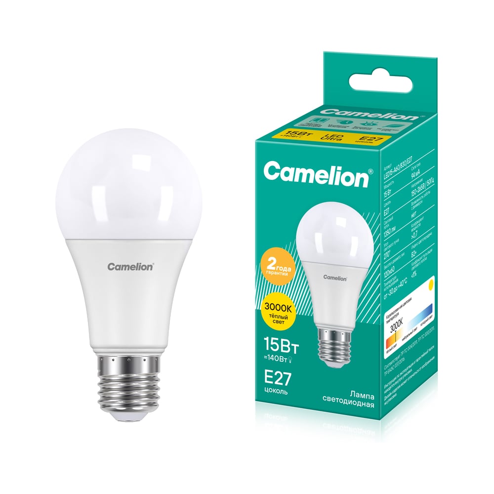 Изображение товара Светодиодная лампа Camelion LED15-A60/830/E27 15Вт 220В 12185 Изображение товара Светодиодная лампа Camelion LED15-A60/830/E27 15Вт 220В 12185