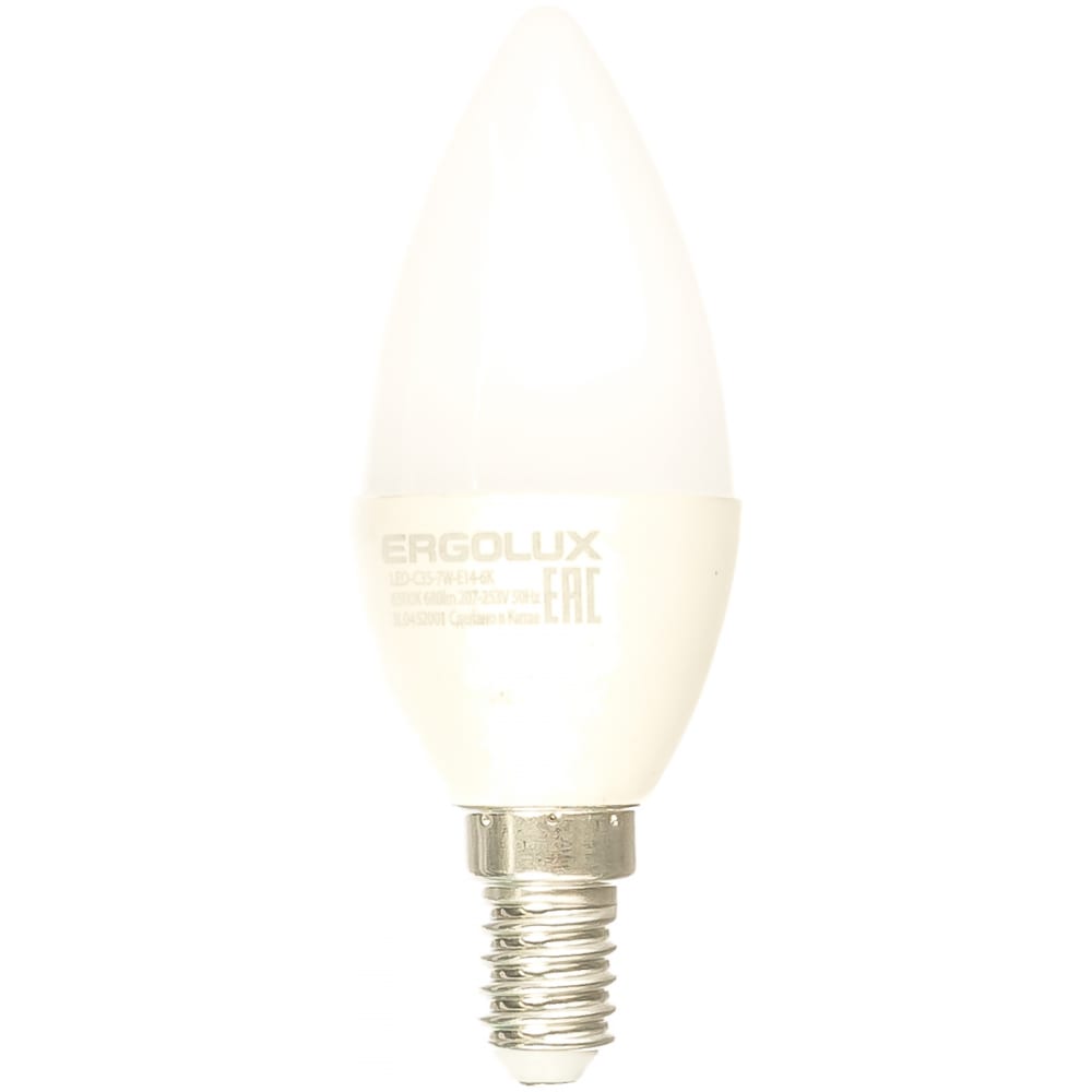фото Электрическая светодиодная лампа ergolux led-c35-7w-e14-6k свеча 7вт e14 6500k 172-265в 12874