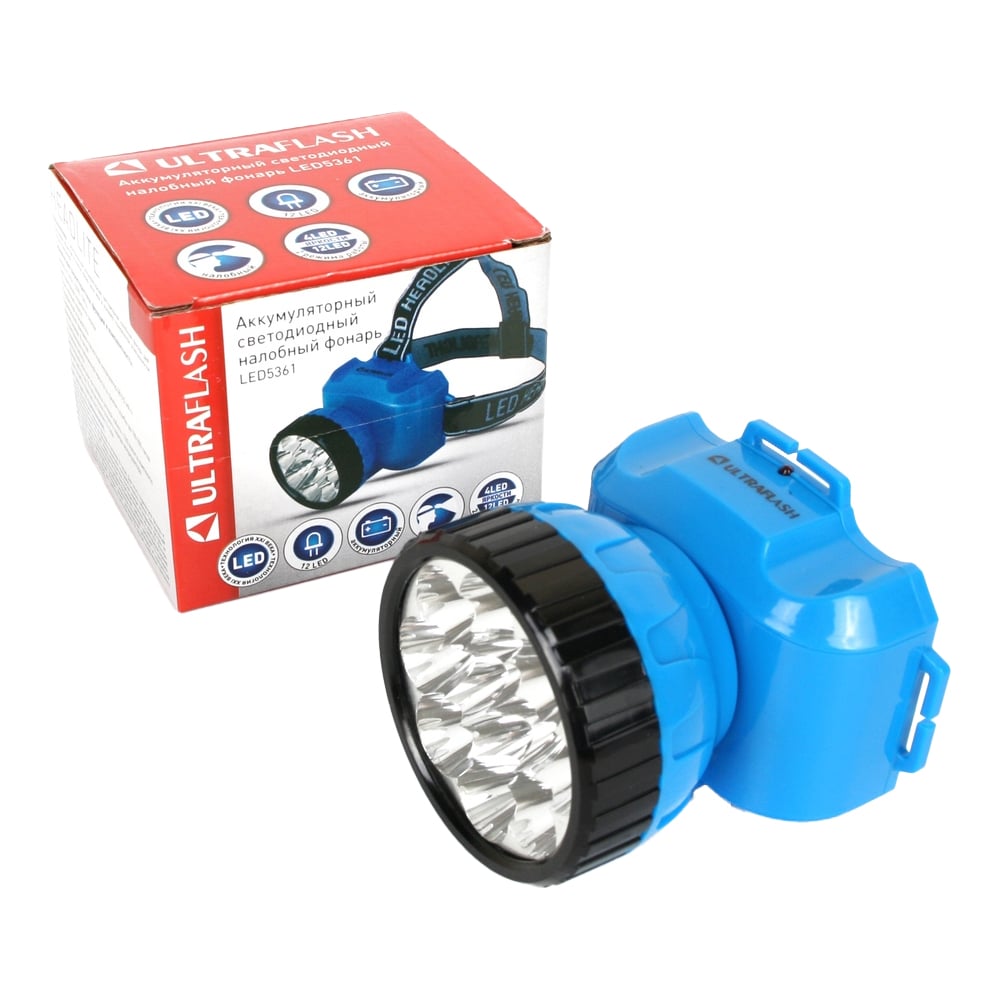 Изображение товара Налобный аккумуляторный фонарь Ultraflash 12LED 2 режима, голубой, 4В