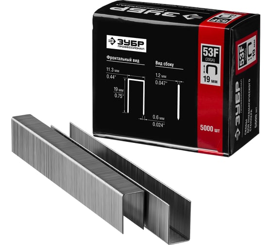 Изображение товара Особотвердые скобы ЗУБР Профессионал плоские, тип 53F, 19 мм, 5000 шт. 31950-19
